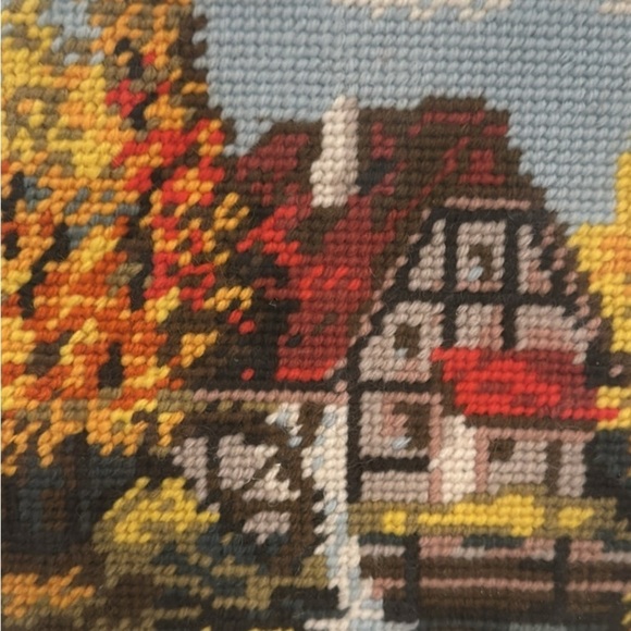 Vintage Cottage core Needlepoint Framed Art – Autumn Country Cottage Sce… - Picture 4 of 5